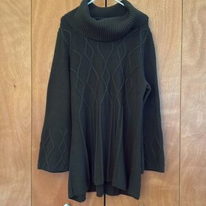 Dark Green Sweater Dress Tunic Turtle Neck Cowl with Bell Sleeve